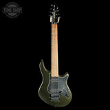 A dark metallic olive green electric guitar with a black pickguard and maple neck, shown vertically against a solid black background. A Tone Shop watermark is visible in the top-left corner.