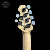 Back of headstock of Ernie Ball Music Man 30th Anniversary Axis Translucent Blue Quilt.