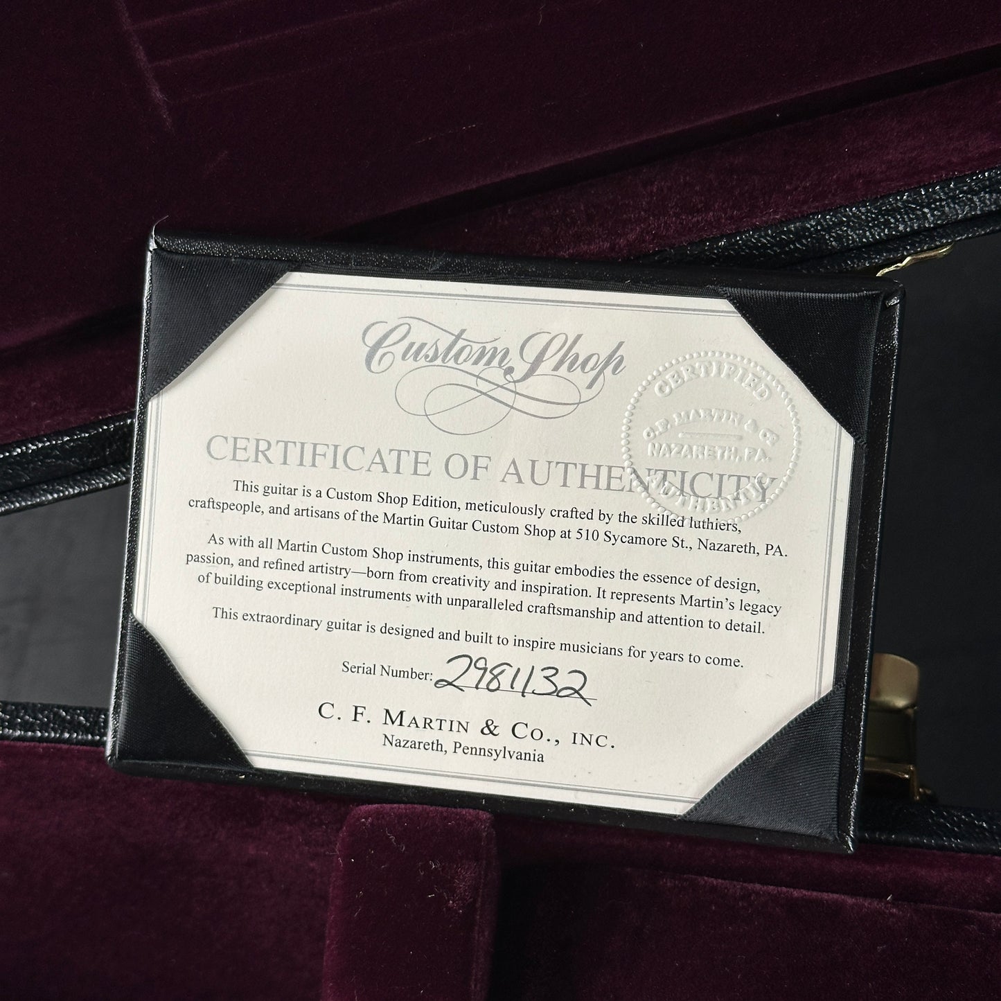 Certificate of Authenticity for a Martin guitar in a case