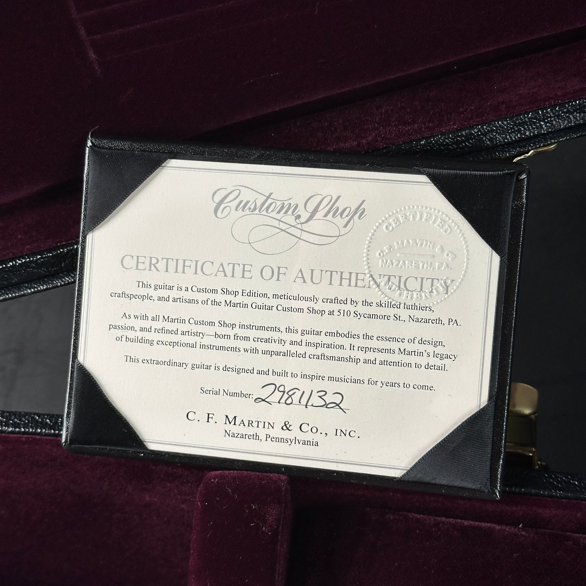 Certificate of Authenticity for a Martin guitar in a case