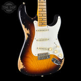 Front angle of Fender Custom Shop Time Machine '57 Strat Heavy Relic Faded Aged 2 Color Sunburst w/case CZ552350.