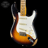 Front angle of Fender Custom Shop Time Machine '57 Strat Heavy Relic Faded Aged 2 Color Sunburst w/case CZ552350.