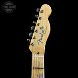 Headstock of Fender Custom Shop TSG Exclusive ’52 Telecaster Chambered Chartreuse Sparkle Journeyman Relic.