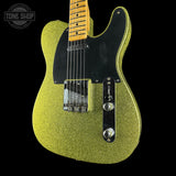 Front angle of Fender Custom Shop TSG Exclusive ’52 Telecaster Chambered Chartreuse Sparkle Journeyman Relic.