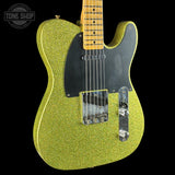 Front angle of Fender Custom Shop TSG Exclusive ’52 Telecaster Chambered Chartreuse Sparkle Journeyman Relic.