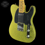 Front angle of Fender Custom Shop TSG Exclusive ’52 Telecaster Chambered Chartreuse Sparkle Journeyman Relic.