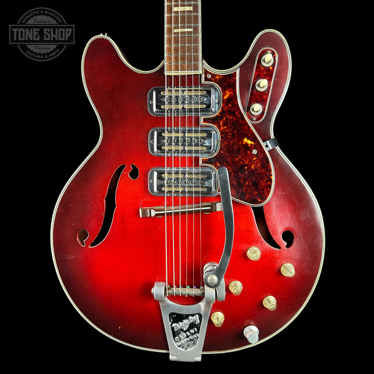 Front of Vintage 1965 Harmony H-78 Red Burst.