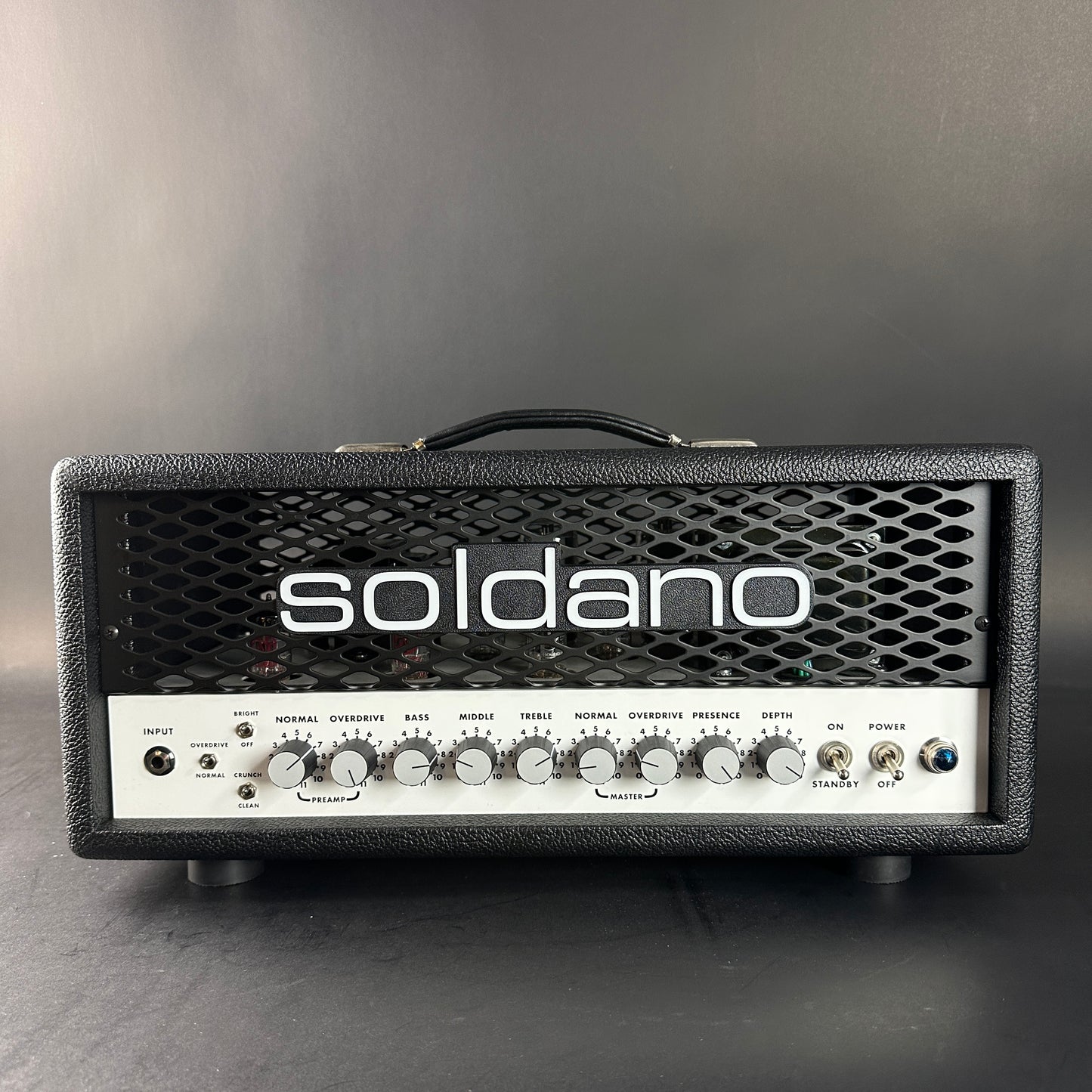 Soldano guitar amplifier head on a gray background