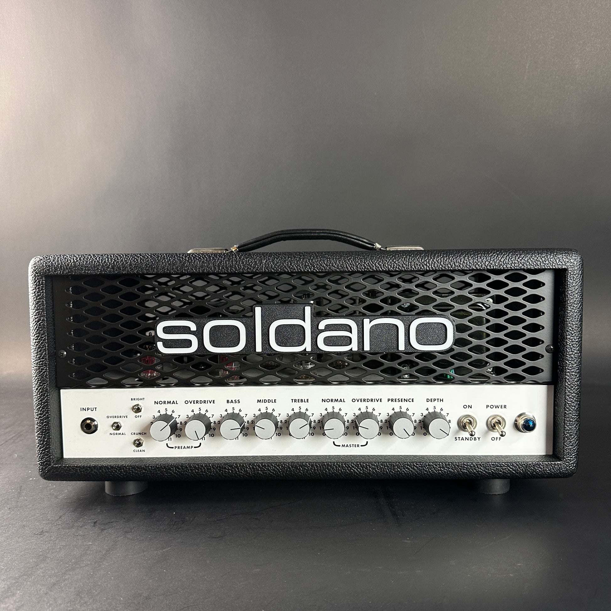 Soldano guitar amplifier head on a gray background
