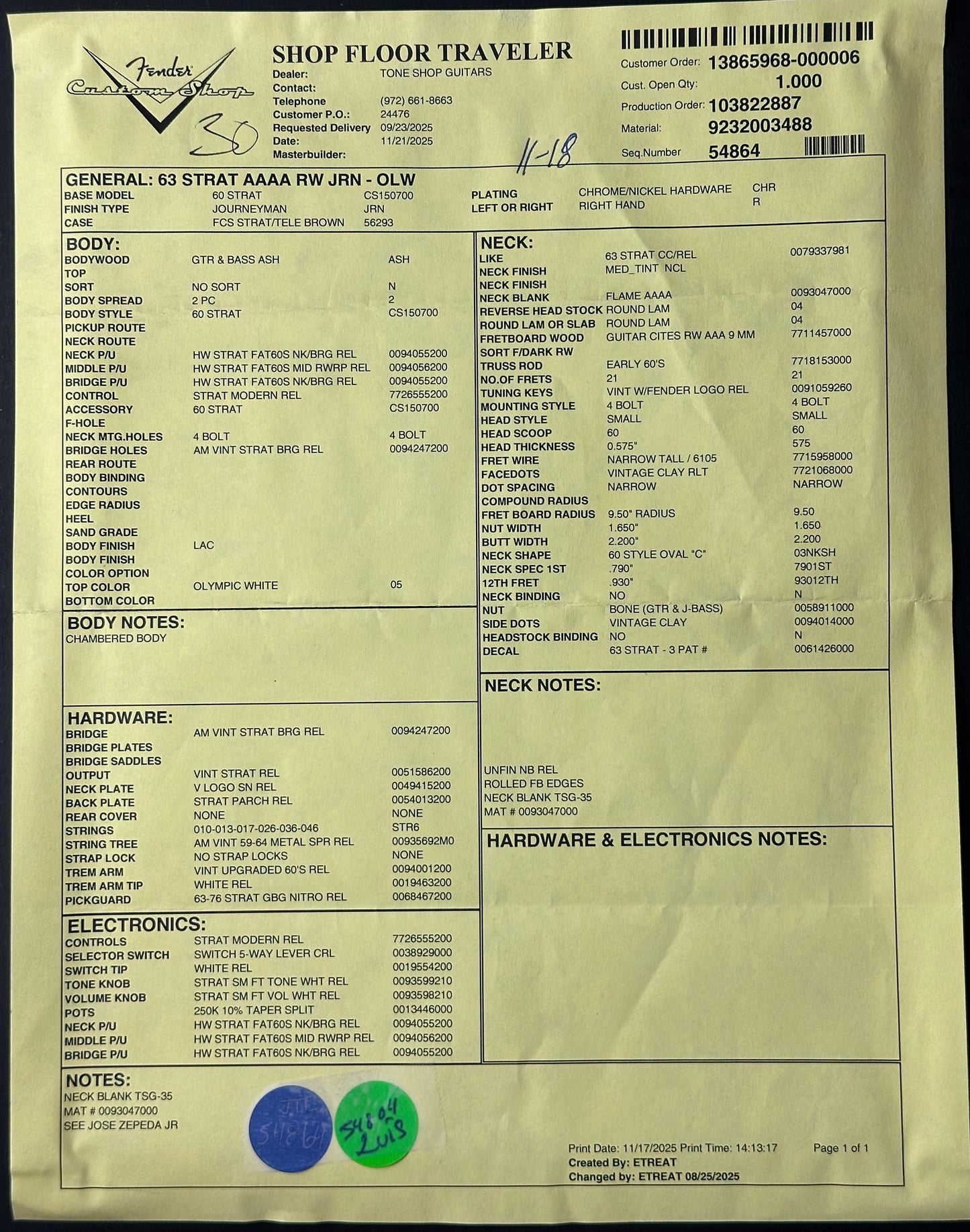 Document with text and two stickers on a dark background