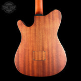 The back of an electric guitar with a glossy reddish-brown wood finish, shown against a solid black background. A Tone Shop watermark is visible in the top-left corner.