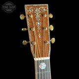 Headstock of Martin Custom Shop 45 Style Dread Alt Torch Adirondack/Madagascar Rosewood.