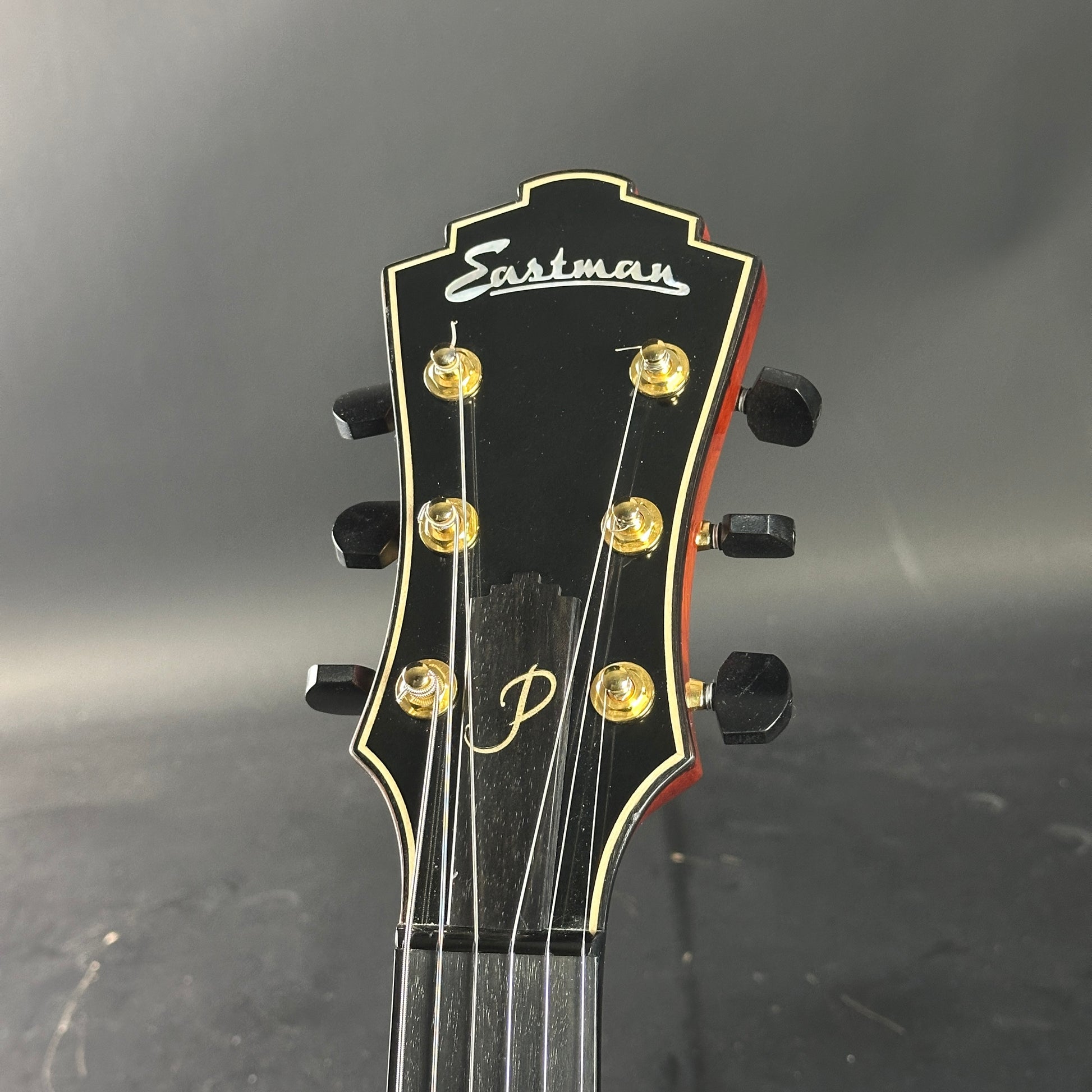 Guitar headstock with Eastman logo on a dark background