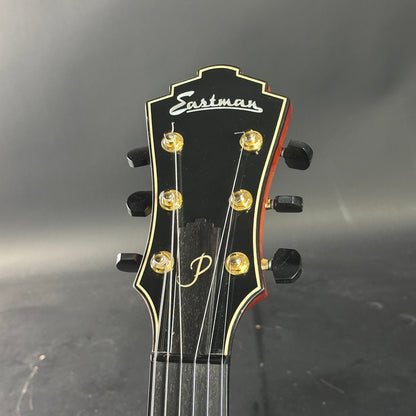 Guitar headstock with Eastman logo on a dark background
