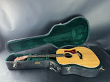Acoustic guitar in an open case on a gray background