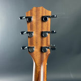 Close-up of a guitar headstock with tuning pegs on a gray background