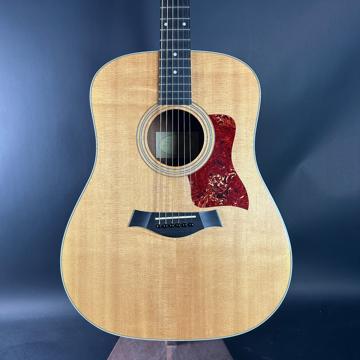 Acoustic guitar with a red pickguard on a dark blue background