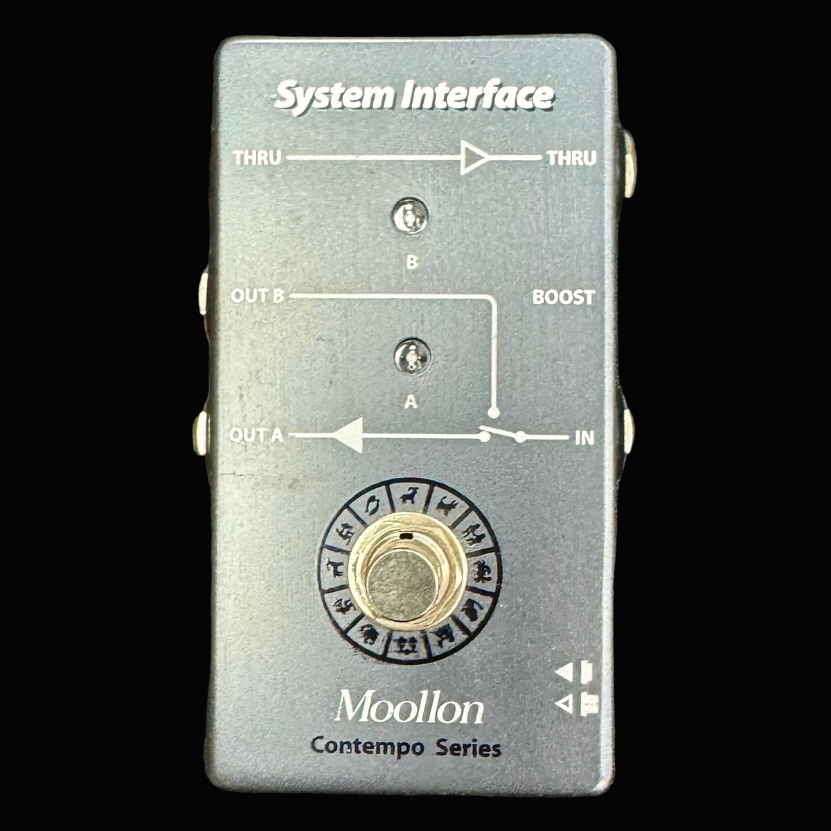 Moollon guitar effects pedal with labeled ports on a gray background