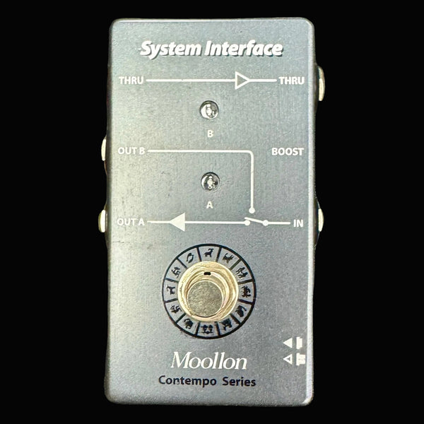Moollon guitar effects pedal with labeled ports on a gray background