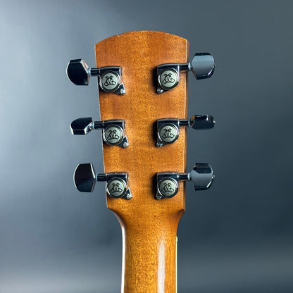Close-up of a guitar headstock with tuning pegs on a gray background