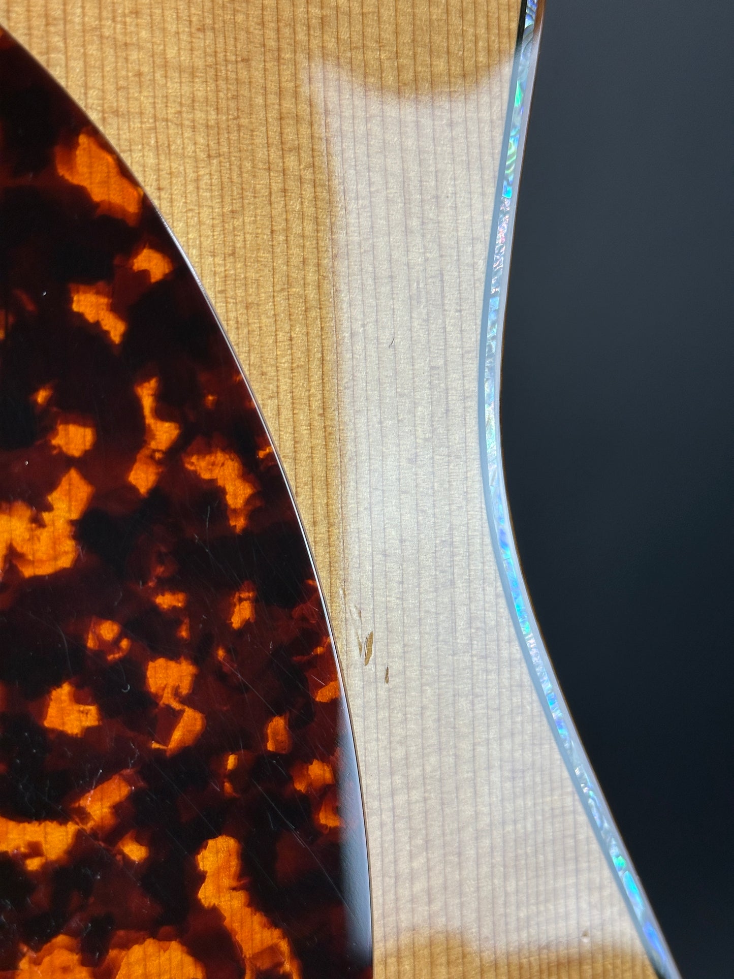 Close-up of a guitar's tortoiseshell binding and wood grain