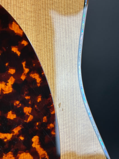 Close-up of a guitar's tortoiseshell binding and wood grain
