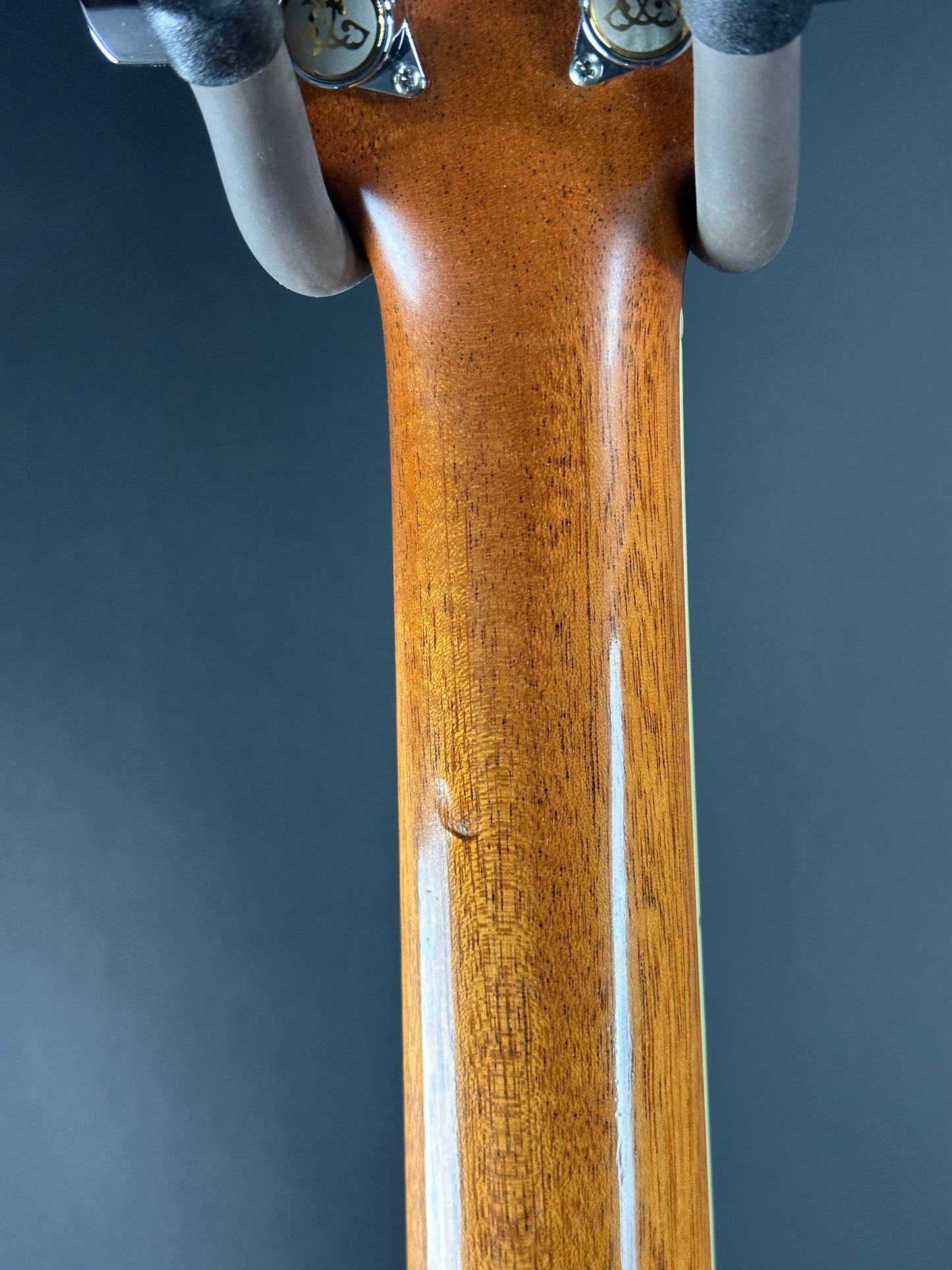 Close-up of a wooden guitar neck with a dark blue background