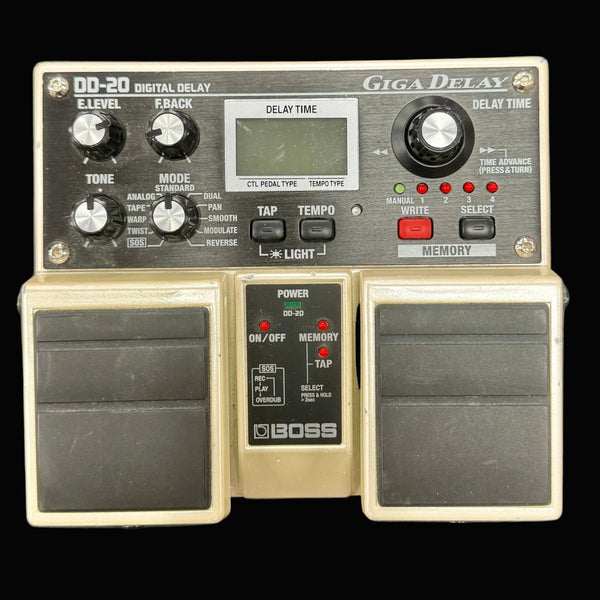 Boss DD-20 Digital Delay guitar effects pedal on a black background