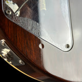 Close-up detail of a guitar body showing a dark brown wood finish, a silver metal hardware plate, and part of a clear plastic cover.