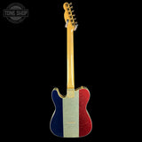 A single-cutaway electric guitar with a gold maple neck and headstock, featuring a body split vertically into three glittery color panels: blue on the left, silver in the center, and red on the right. The guitar is photographed from the headstock down against a solid black background, with a 'TONE SHOP' watermark in the top-left corner.