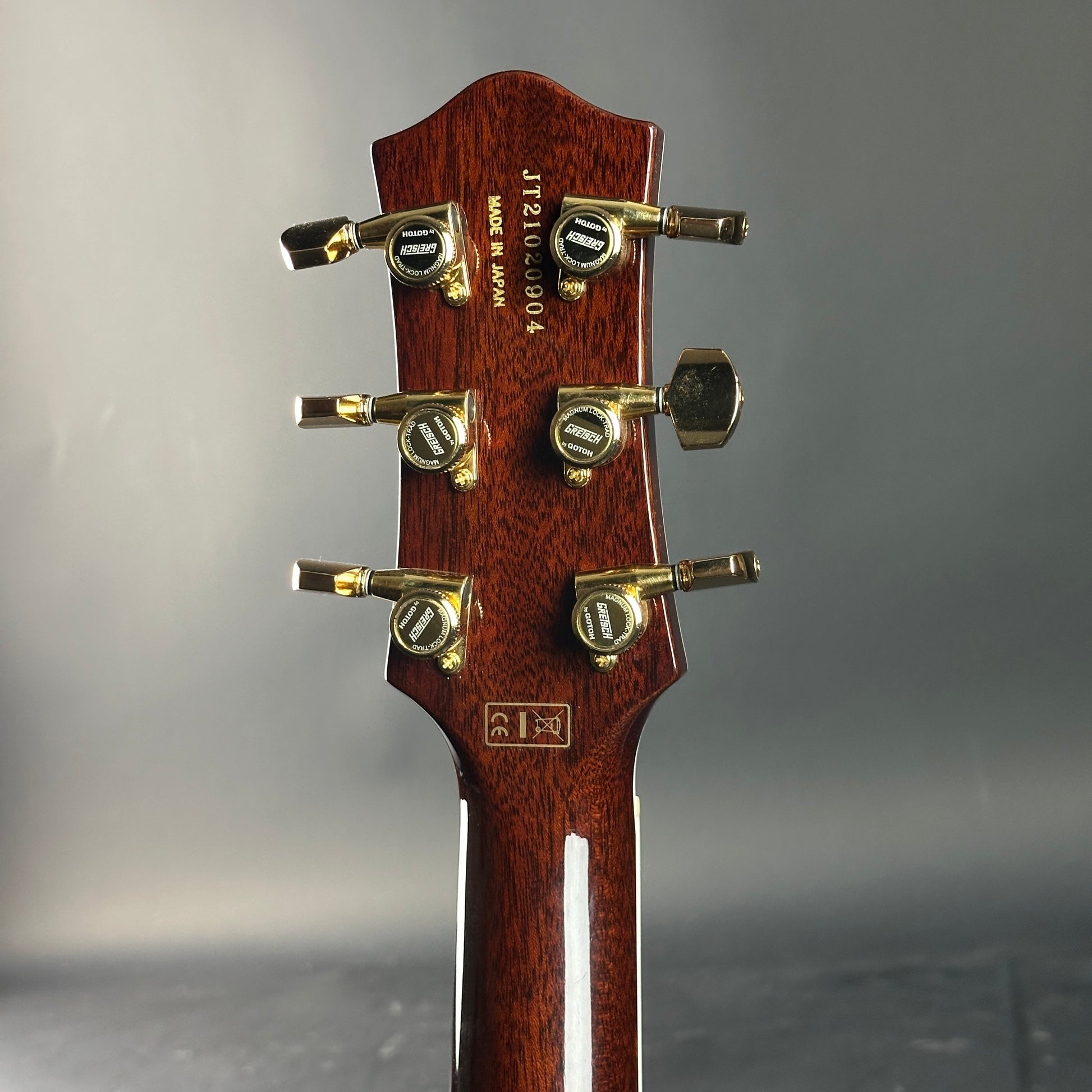 Close-up of a guitar headstock with tuning pegs on a gray background