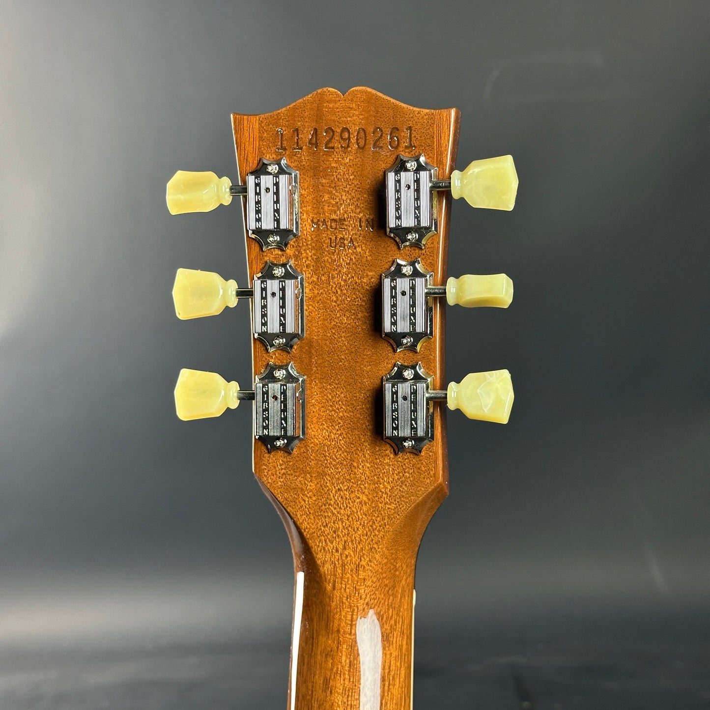 Guitar headstock with tuning pegs on a dark gray background