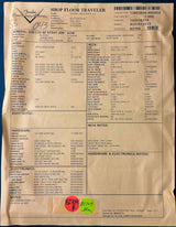 Brown paper bag with printed text and barcodes on a blue background