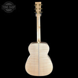 Full back of Martin Custom Shop M/0000 42 Style Ambertone Adirondack/Pacific Big Leaf Flamed Maple.