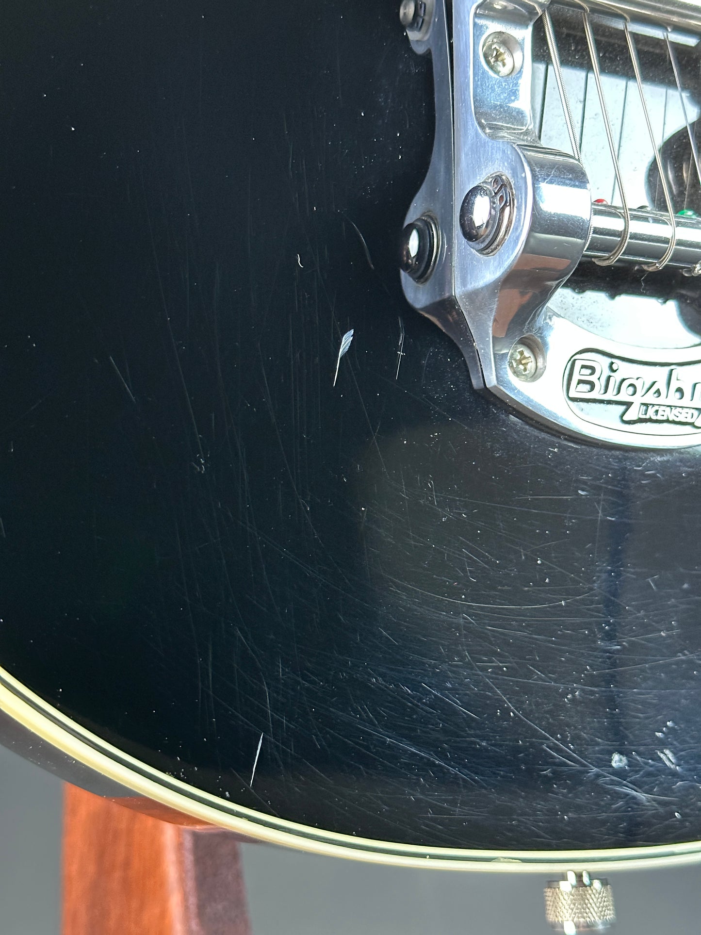 Scratches on body of Used Gretsch Electromatic Jet Black.