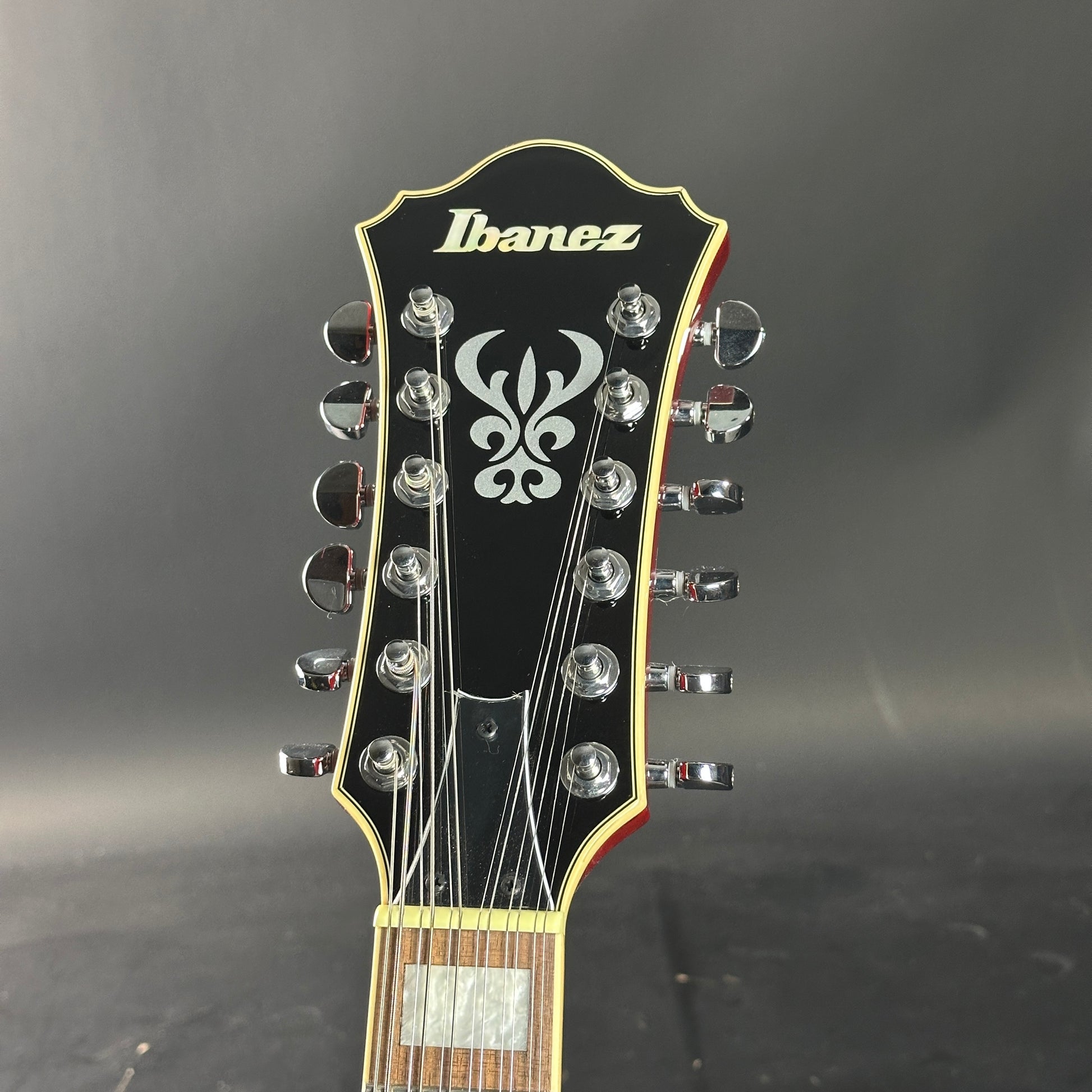 Ibanez guitar headstock with brand logo on a dark background