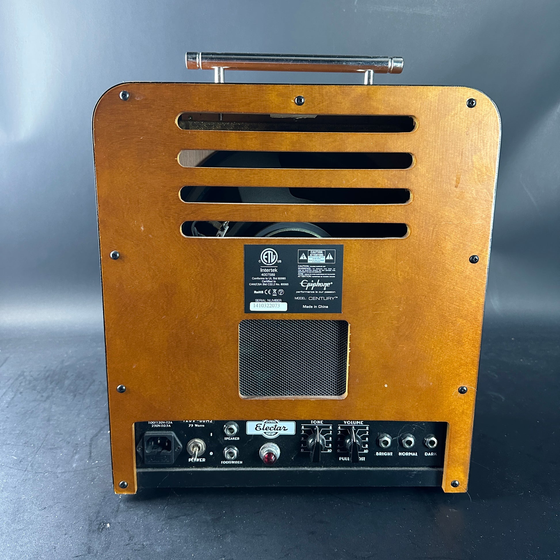 Back view of a guitar amplifier with brand logo on a gray background