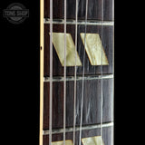 Close-up of a guitar neck showing a dark wood fretboard with mother-of-pearl style inlays and six strings, photographed against a black background with a Tone Shop watermark in the upper left.