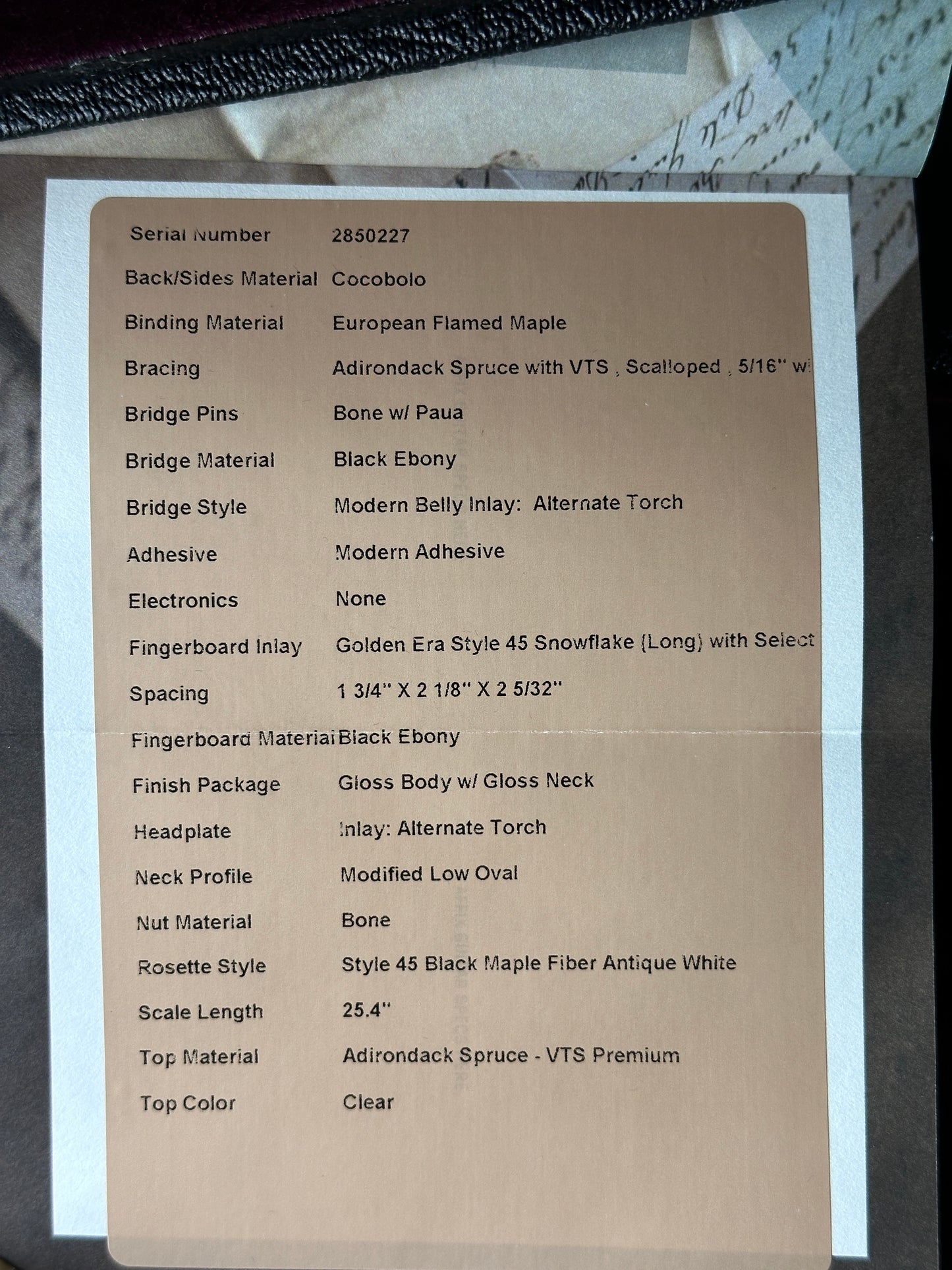 Product specification sheet on a textured surface