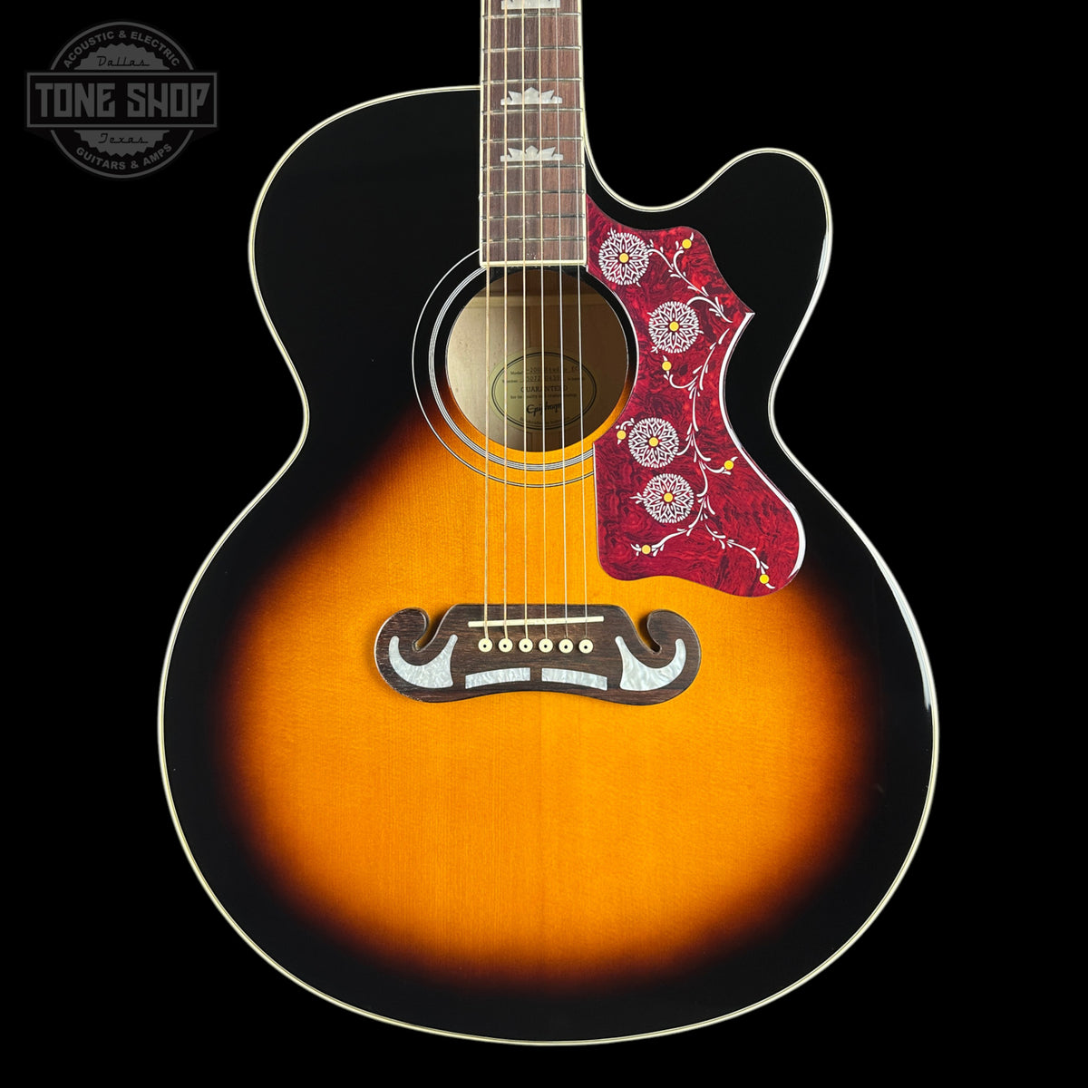Front of Used Epiphone J-200 Studio EC Sunburst.