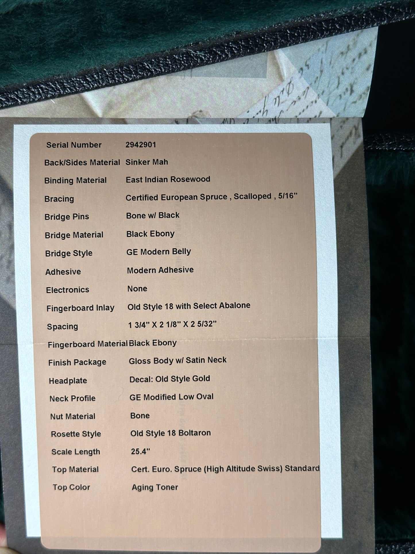 Product label with specifications on a textured surface