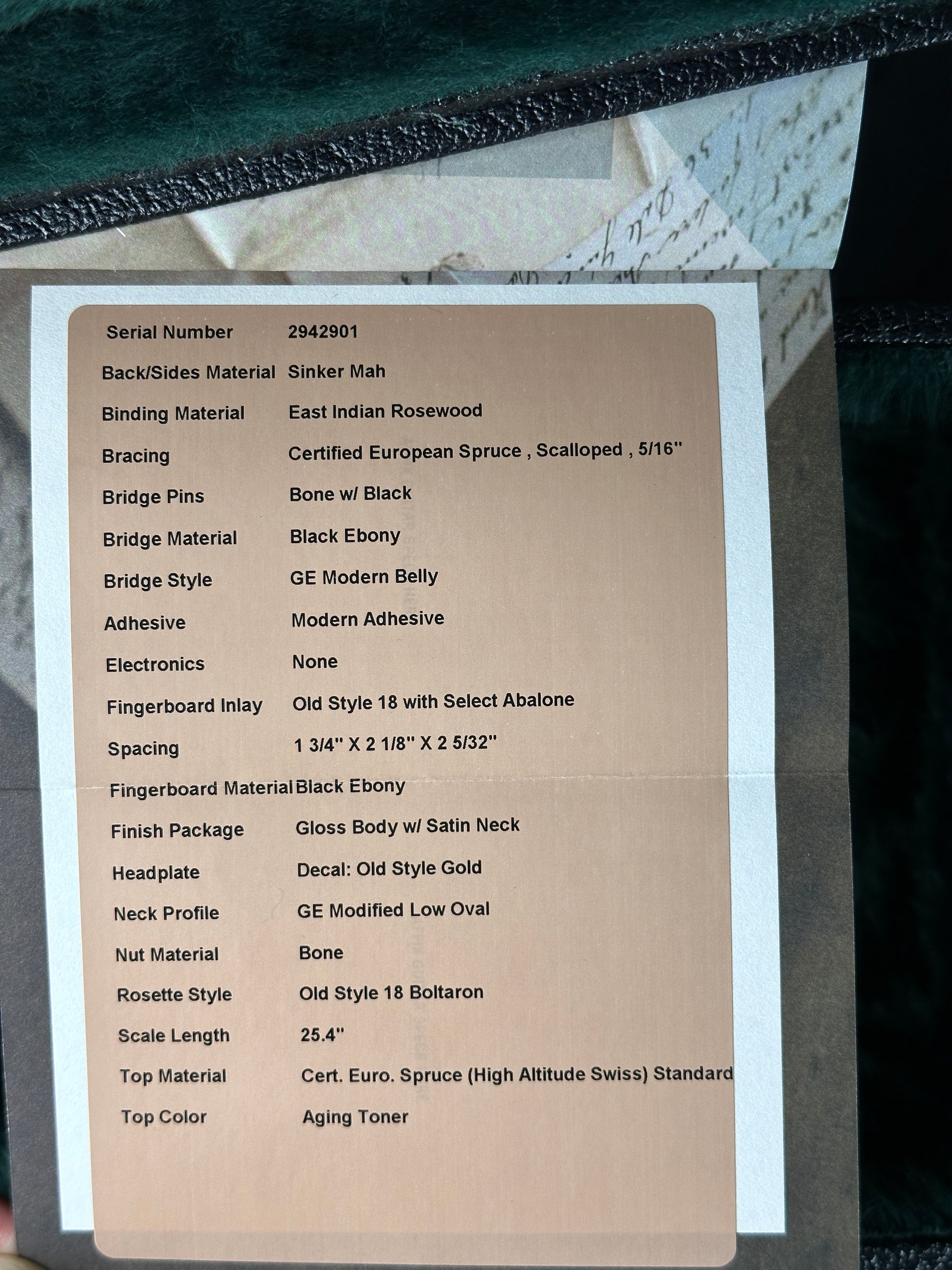 Product label with specifications on a textured surface