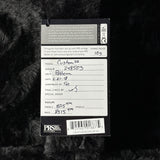 A product tag for aPRS Guitar Custom 22 electric guitar, showing handwritten details like model, neck, and pickups, set against a black faux fur background.