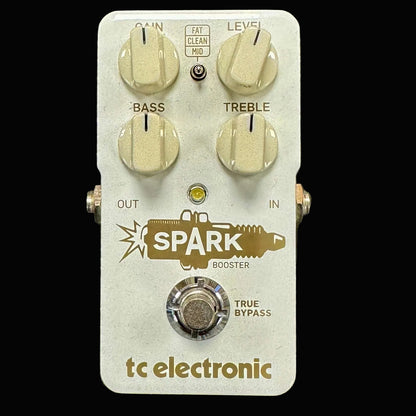 Guitar effects pedal with 'Spark' branding on a metallic background