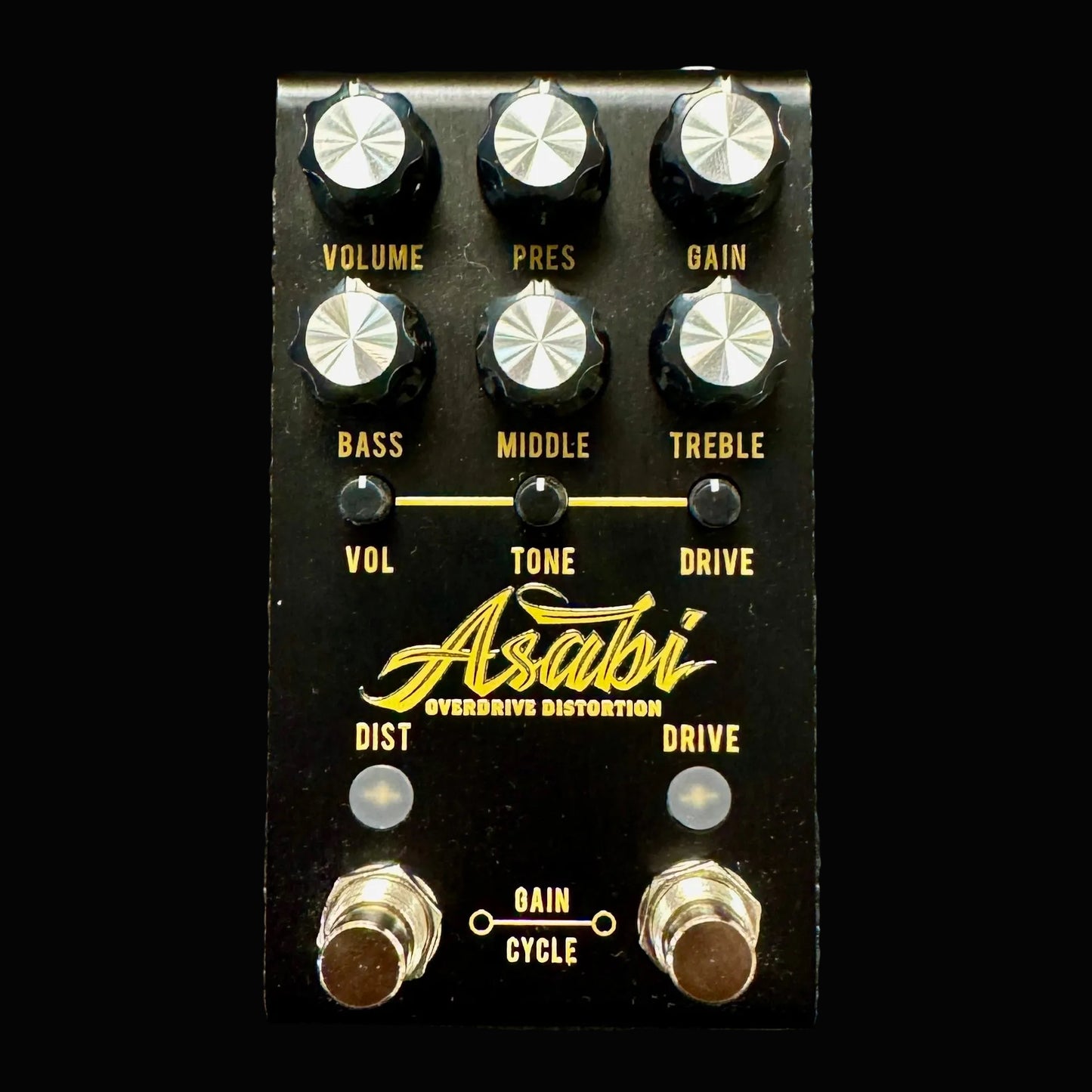 Guitar effects pedal with knobs and branding on a textured background