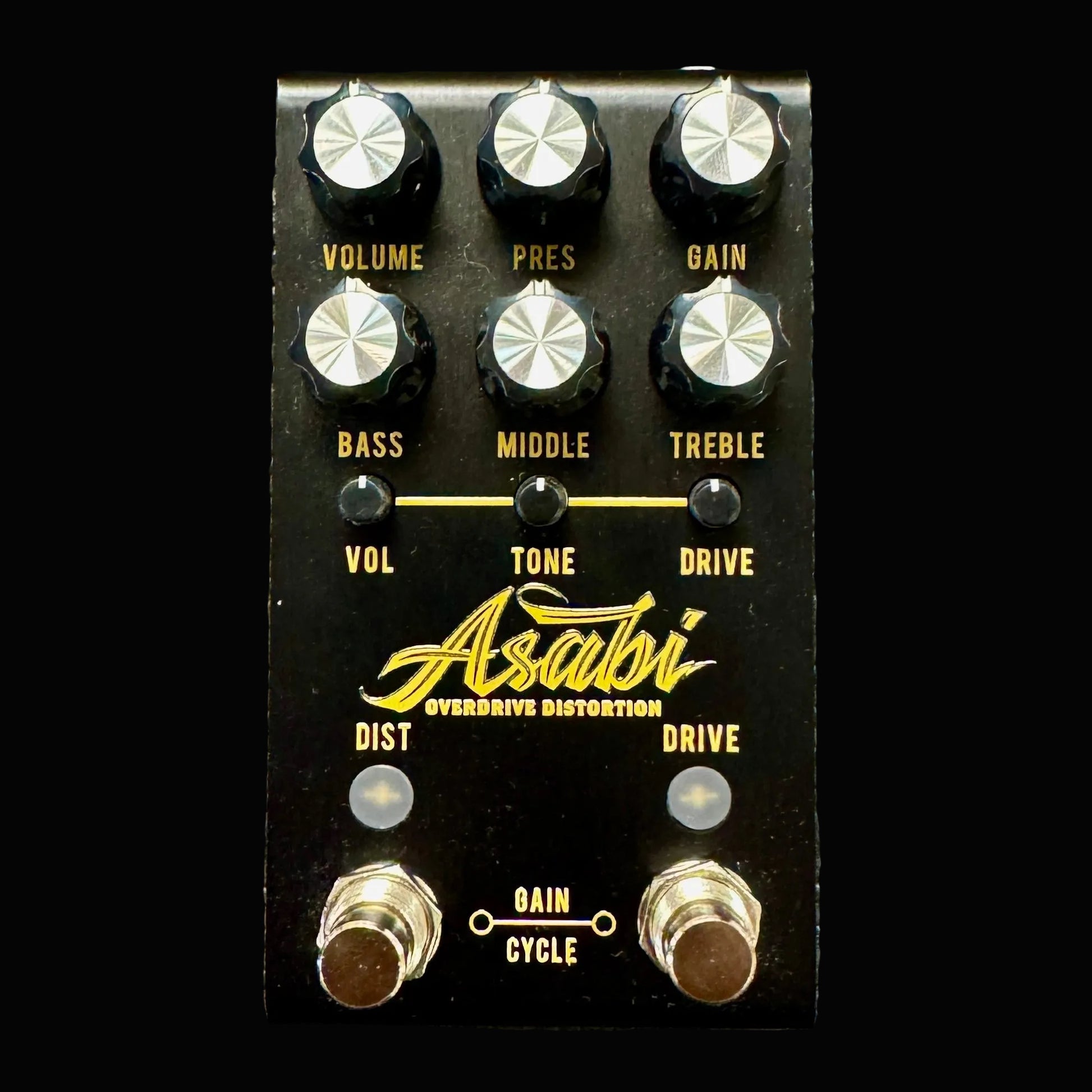 Guitar effects pedal with knobs and branding on a textured background