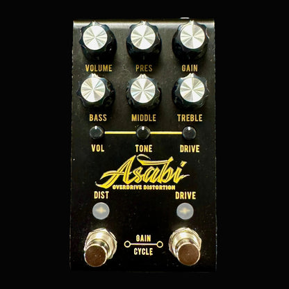 Guitar effects pedal with knobs and branding on a textured background