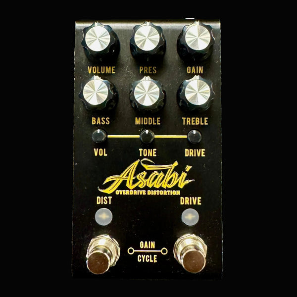 Guitar effects pedal with knobs and branding on a textured background