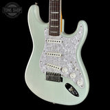 Front angle of Used 2020 Fender Kenny Wayne Shephard Strat Trans Faded Sonic Blue.