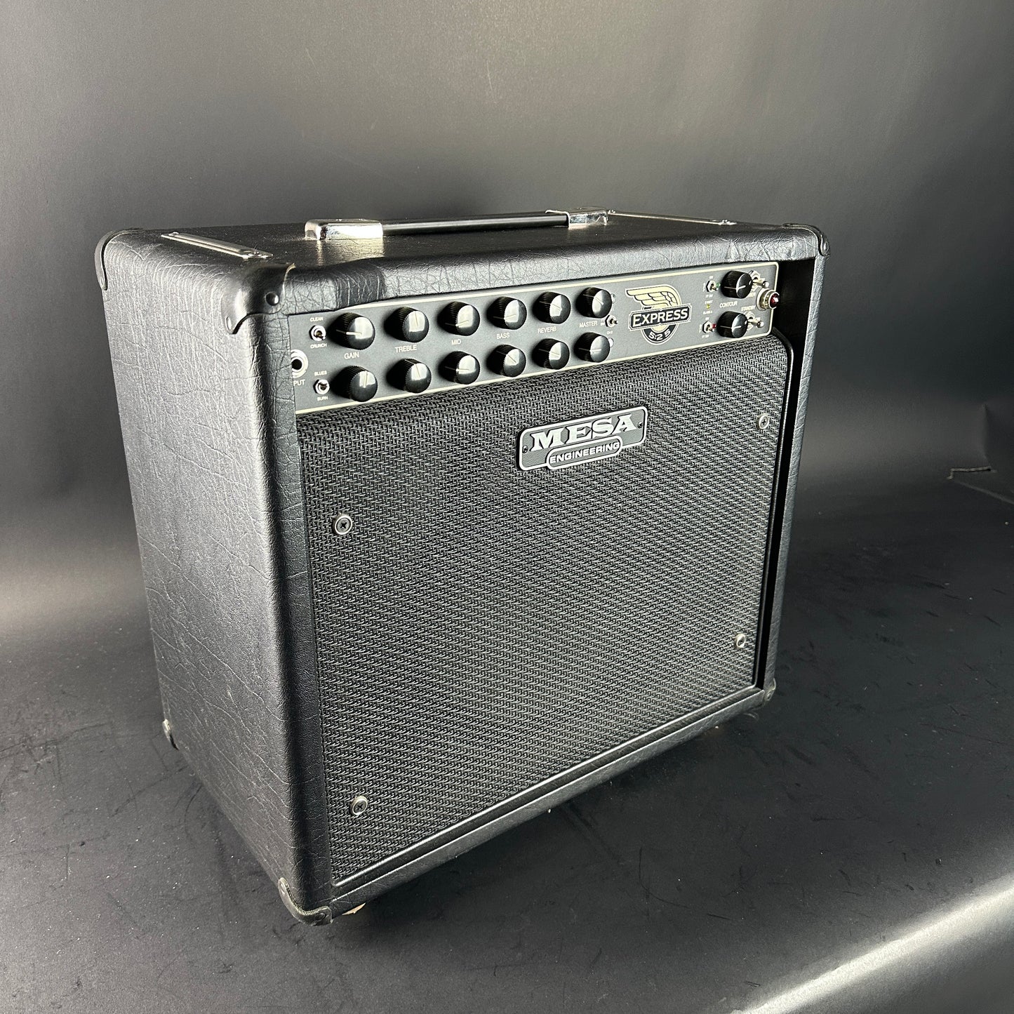 Guitar amplifier with Mesa Boogie logo on a gray background